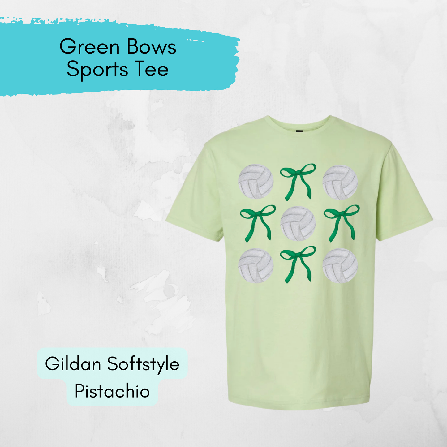 Light green t-shirt with volleyball designs and green bows on a white background